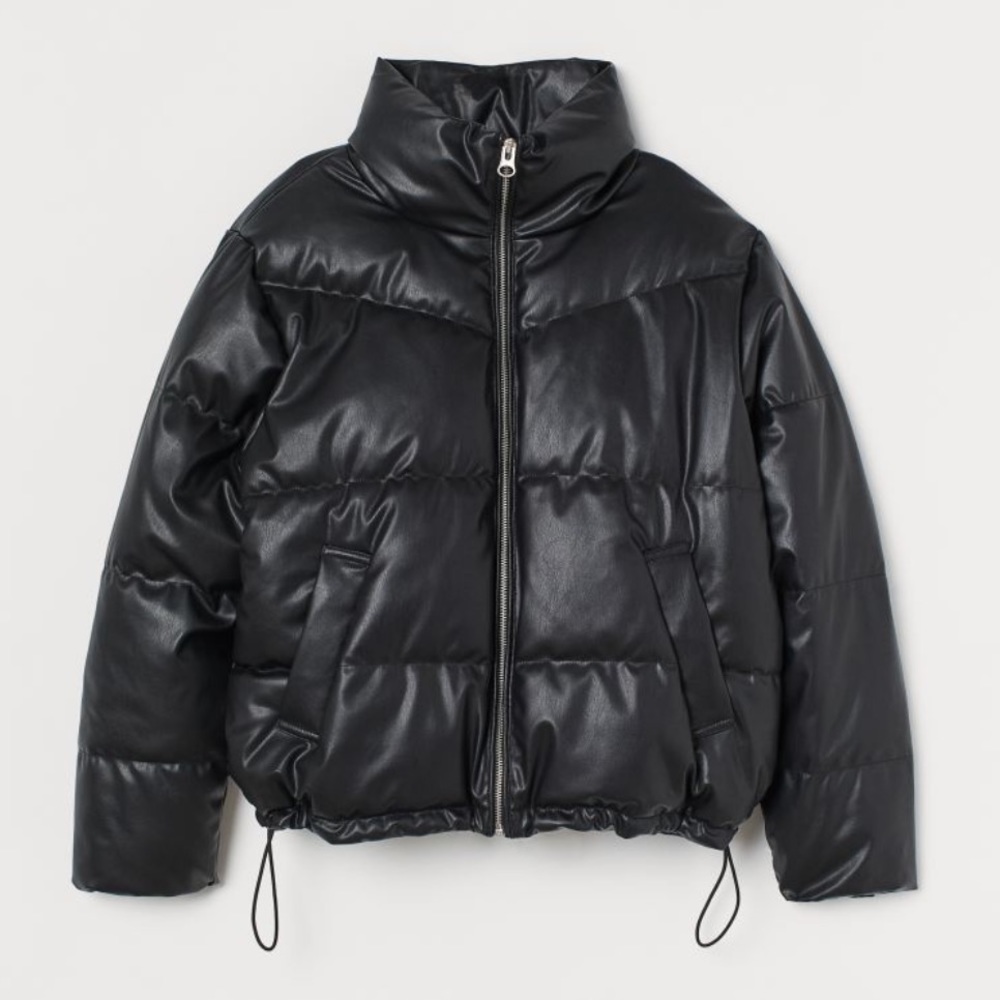H&M Divided boxy faux leather puffer coat jacket black size large zipper